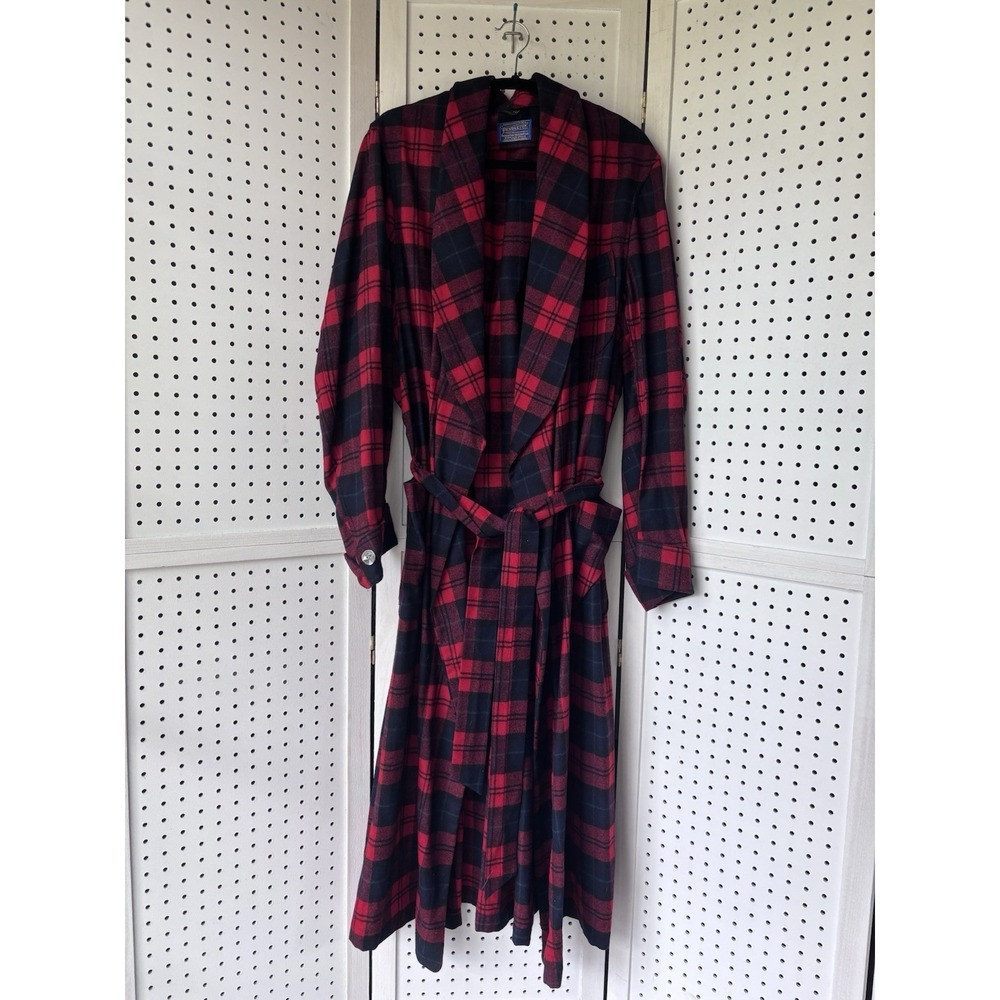 Pendleton Men's Robe Size L Red Blue Plaid 100% Virgin Wool Bathrobe Belted